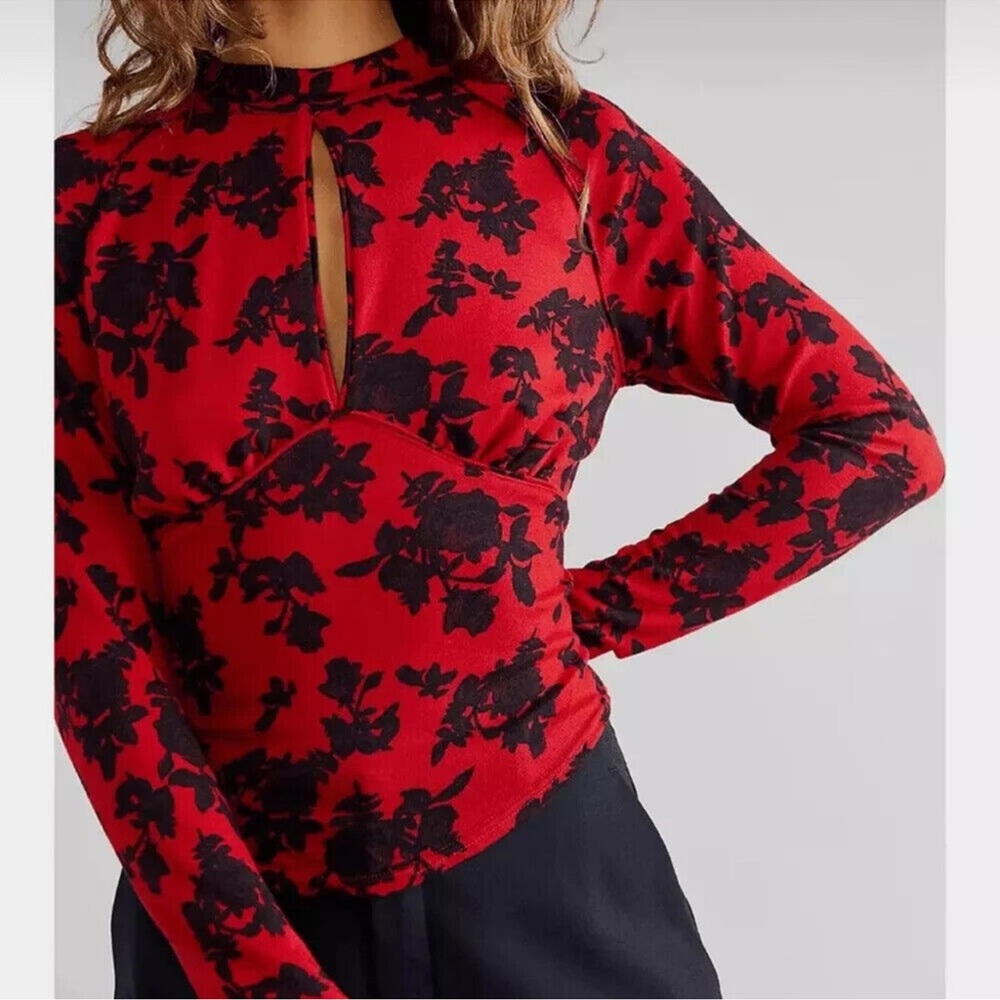 Free People Dinner Party Women’s Red and Black Floral Victorian Top Size Medium